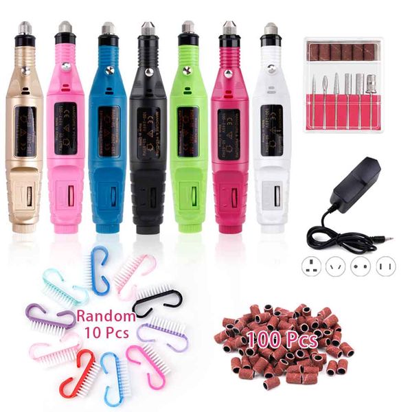 

1set electric nail drill machine lathe manicure and pedicure milling cutters pen 10pc nail art cleaning brush gel polish remover, Silver