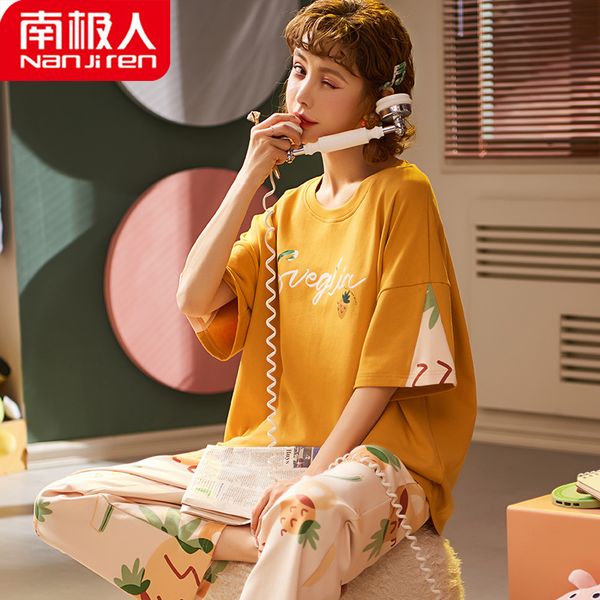 

women summer pajamas cotton short-sleeved trousers two-piece suit thin home service outer wear bathing pajamas, Black;red