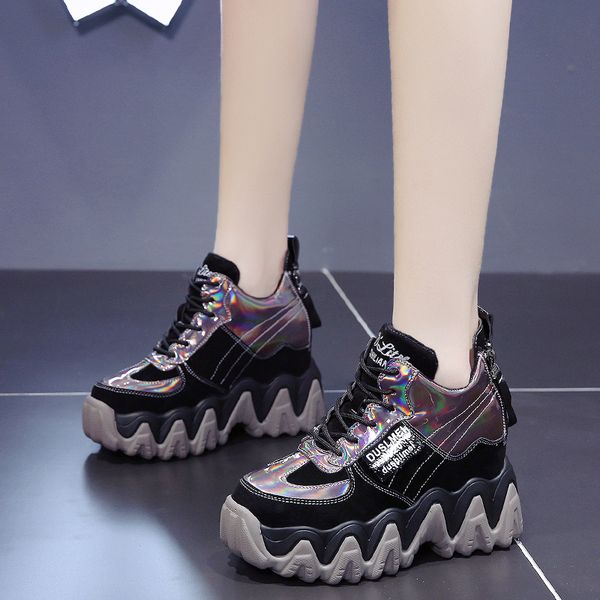 

boots laser pu leather ankle for women autumn winter platform shoes woman lace up height inreasing booties sneakers, Black