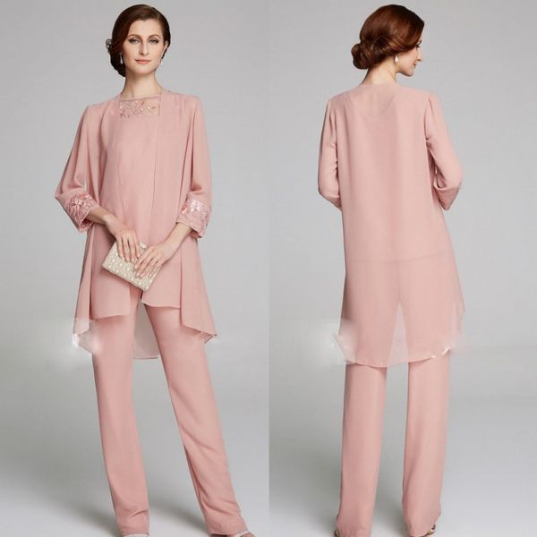 

modest mother of the bride pant suits with long jackets lace bateau neck wedding guest dress plus size chiffon mothers groom dresses, Black;red