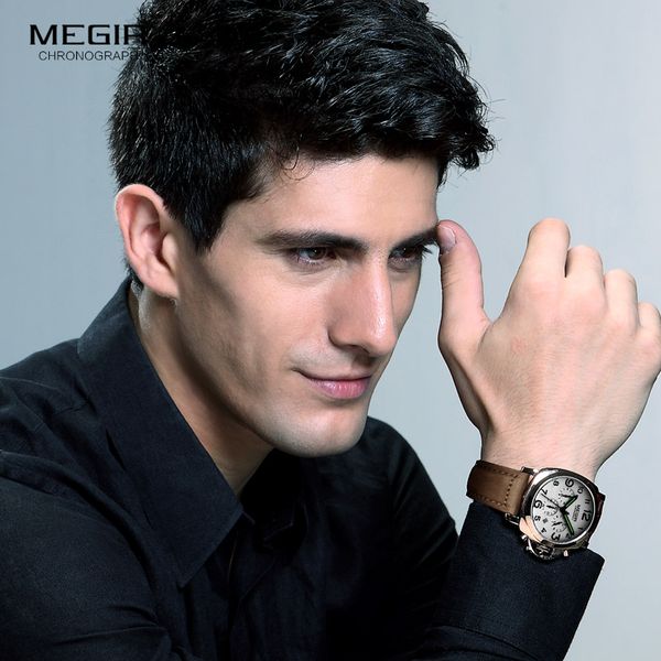 

megir fashion casual brand quartz watches men leather sports watch man business wrist watch male luminous chronograph hour, Slivery;brown