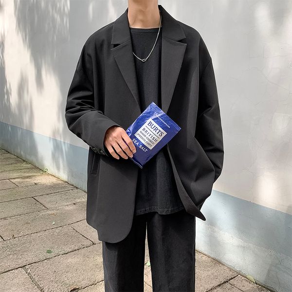 

autumn new suit jacket men fashion solid color casual dress jacket man streetwear wild loose dress male clothes, Black;brown