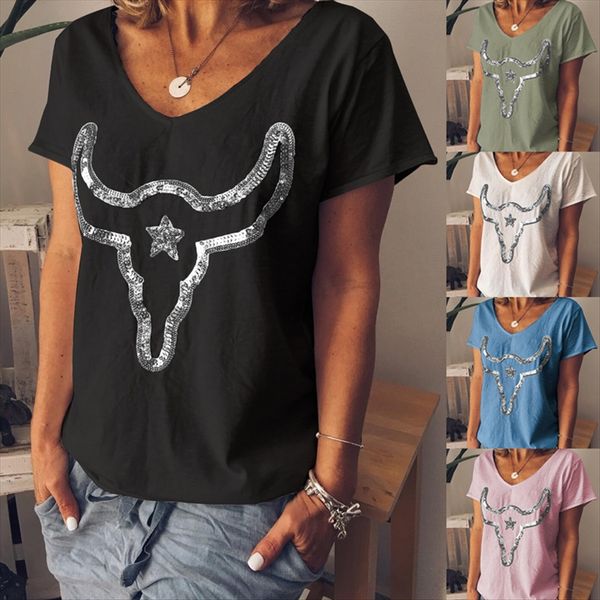 

seasonal personalized bullhead duan xiu t-shirt seasonal sequins women's personalized bullhead sequins duan xiu women's t-shirt, White
