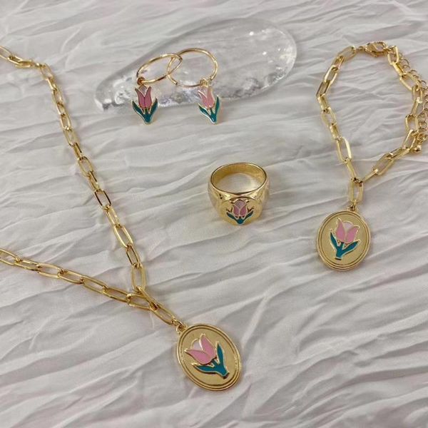 

mengjiqiao fashion metal drop glaze flower hoop earrings for women girls cute ring chain choker party necklace jewelry set, Silver