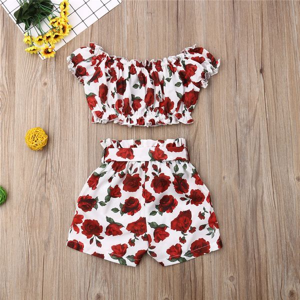 

baby girl clothes set toddler kid child cotton summer floral off shoulder short sleeve red shorts outfit 2pcs clothing