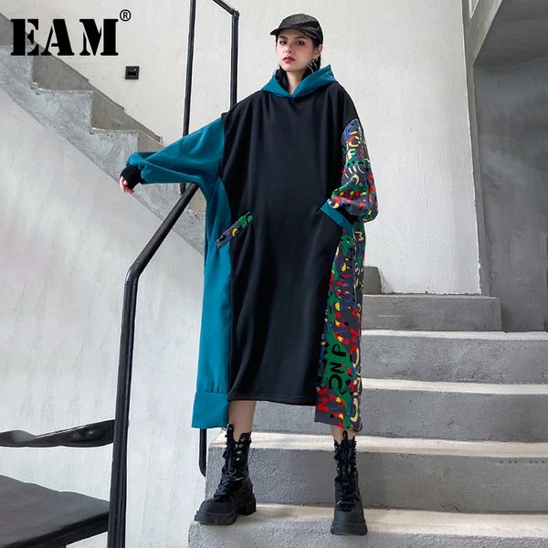 

eam] women black pattern print split big size dress new hooded long sleeve loose fit fashion tide spring autumn 2020 1n445, Black;gray