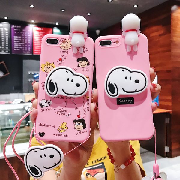 

cartoon snoopy soft silicone phone case chain cover for iphone xs xr xsmax cover cases 7 8 plus with kickstand doll chain cases set