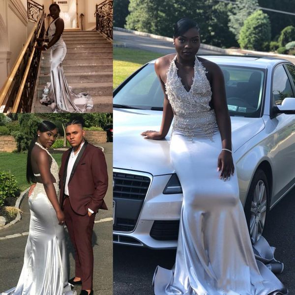 

2019 South African Black Women Mermaid Prom Dresses Halter Neck Sexy Backless Appliques Sequins Long Train Evening Party Gowns