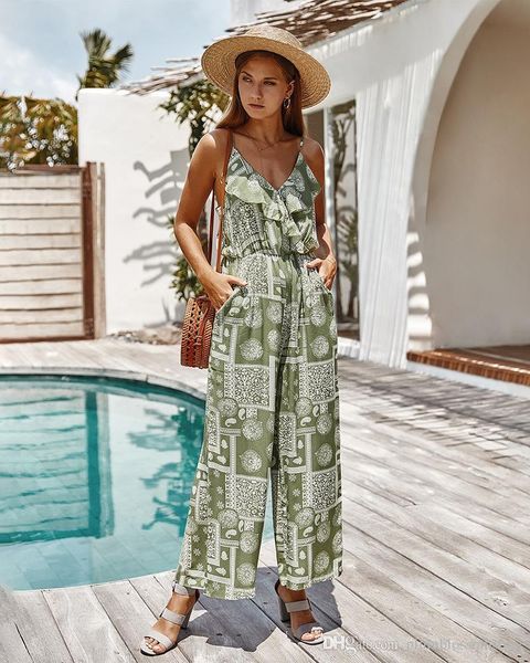 

boho jumpsuits strap backless v-neck summer chic bohemian rompers khaki floral print rayon women playsuits holiday beach wear jumpsuits, Black;white