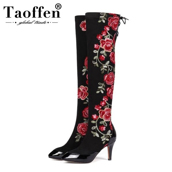 

taoffen women real leather winter over knee boots national style long boots thin heels retro botas size 33-40, Black