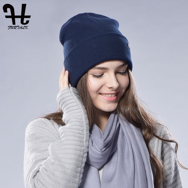 

furtalk beanie hat for women winter cotton wool knitted skullies hat spring watch cap for female men couples stocking hats 2019, Blue;gray