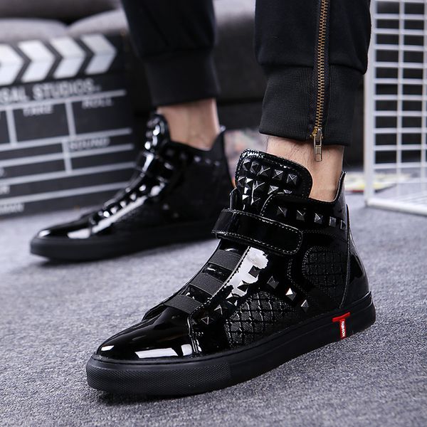 

england style mens casual breathable patent leather shoes hip hop oxfords shoe flat platform motorcycle ankle boots zapatos male, Black