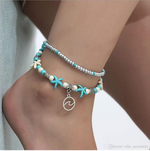 

two layer anklet alloy diecast heart elephant tree owl tortoise anchor pendant acrylic starfish sea wave turquoise beads accessory series, Red;blue