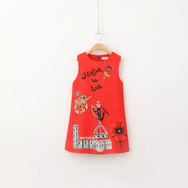 

мода девочки платья лето без рукавов мультфильм парусник напечатали линии платье принцессы baby girl платья весна детские дизайнер одежды, Red;yellow