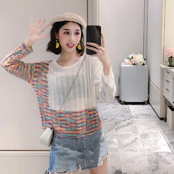 

women's sweaters crew neck asymmetric thin pullover long sleeve color matching short autumn women sweater, White;black