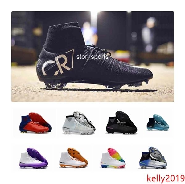 

white red rainbow 100% original soccer shoes cr7 mercurial superfly v fg soccer cleats high ankle football boots ronaldo sports sneakers