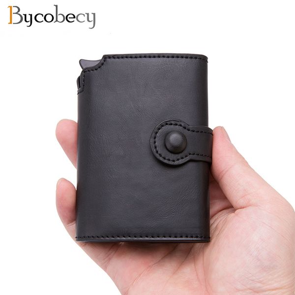 

bycobecy holder 2020 men button metal aluminum auto -up rfid id card case black wallet coin purse, Red;black
