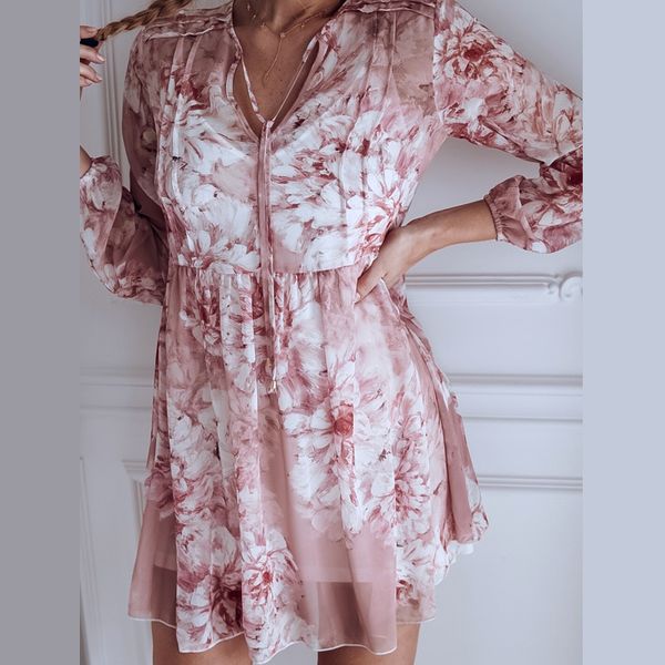 

pink 2019 new summer women dress fashion floral print v neck party dress button vantage casual mini dress dropshipping, Black;gray