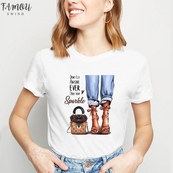 

dont let anyone ever dull your sparkle vogue letter bag printed t shirt women tees short sleeve round neck tshirt, White