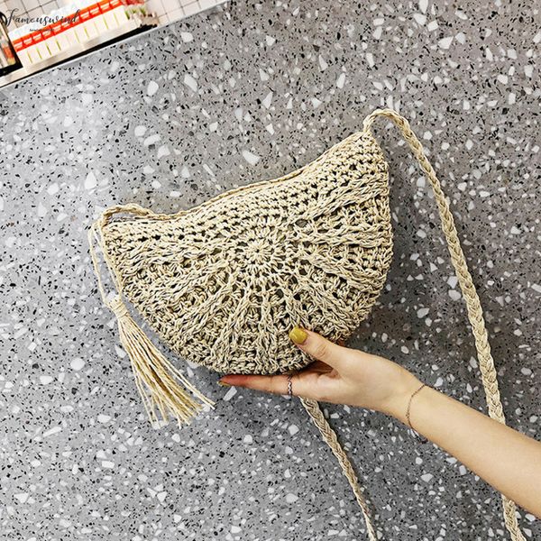 

summer beach women semicircular straw handwoven rattan straw beach bag crossbody half round half moon crossbody bohemia