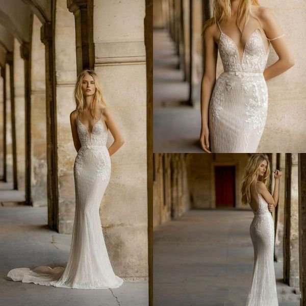 

Gali Karten 2019 Mermaid Wedding Dresses Spaghetti V Neck Lace Appliqued Sweep Train Wedding Gowns Beads Beach Backless Long Bridal Dress