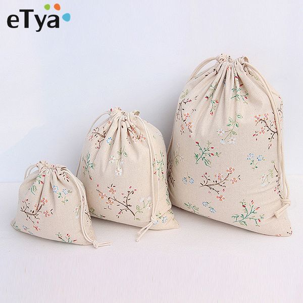 

etya reusable eco cotton drawstring shopping bag flower print women men travel shopper grocery tote storage bags gift pouch