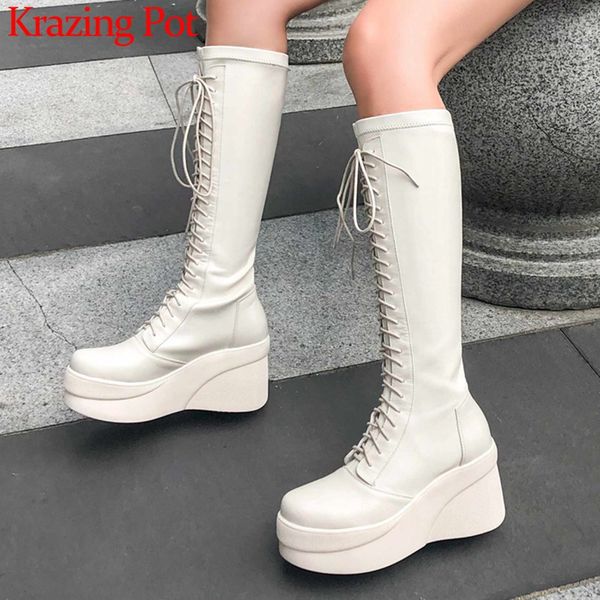 

krazing pot new british school style cow leather boots round toe high heels thick bottom women warm lace up thigh high boots l25, Black