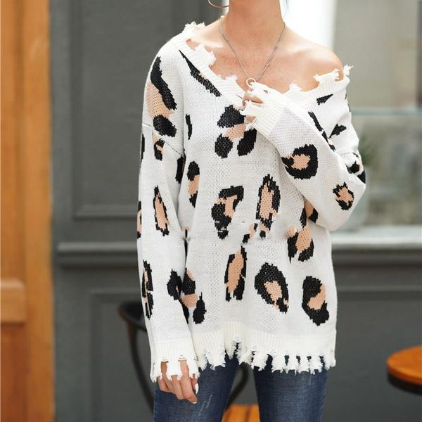 

leopard print ripped sweater women v neck long sleeve sweaters tassel winter warm loose jumpers knitted pullovers, White;black