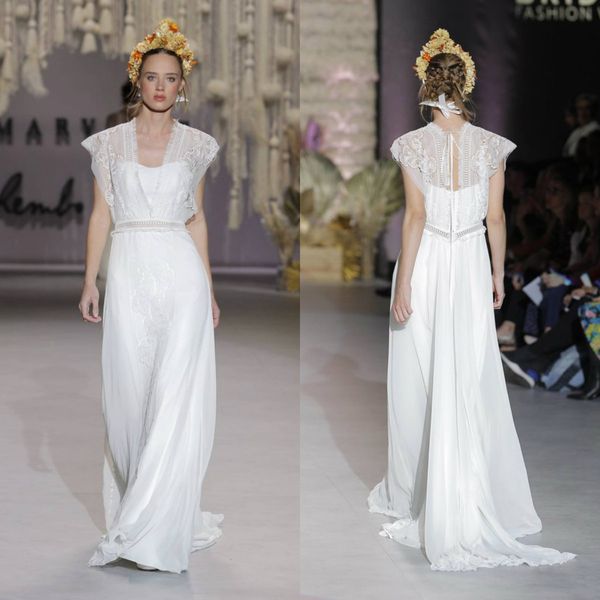 

2020 элегантные свадебные платья кружева аппликация линия v neck развертки поезд bohemian свадебное платье сшитое дешевые свадебные платья п, White