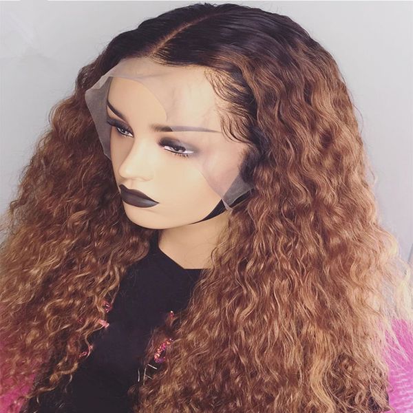 

ombre honey blonde #1bt27 curly human hair wig brazilian remy preplucked full lace wig glueless baby hair for women, Black;brown