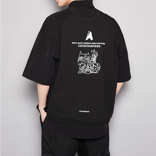 

ewq / men's wear summer streetwear three-dimensional cutting stitching printed casual short-sleeved shirt 2020 loose 9y2022, White;black