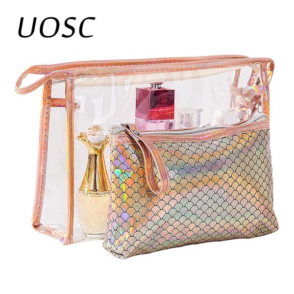 

uosc 2 set повседневная женщины путешествия лазерная косметичка кожа макияж прозрачный макияж чехол организатор сумка для хранения сумки для