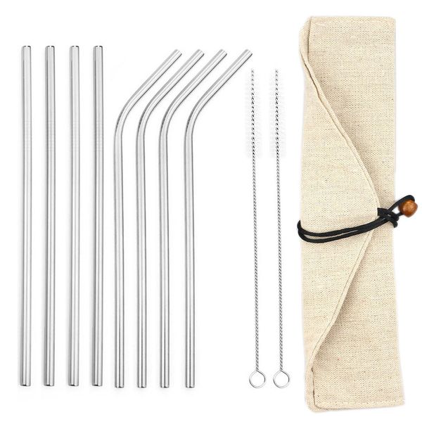

215*12mm reusable metal drinking straws 304 stainless steel curved straigh straw kits storage with pouch bag bar party accessory