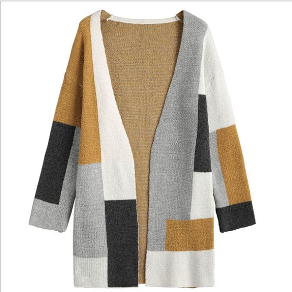 

women fall and winter coats 2019 new splice colour coloured long sleeve loose medium and long knitted t shirt opener wgwy159, Black