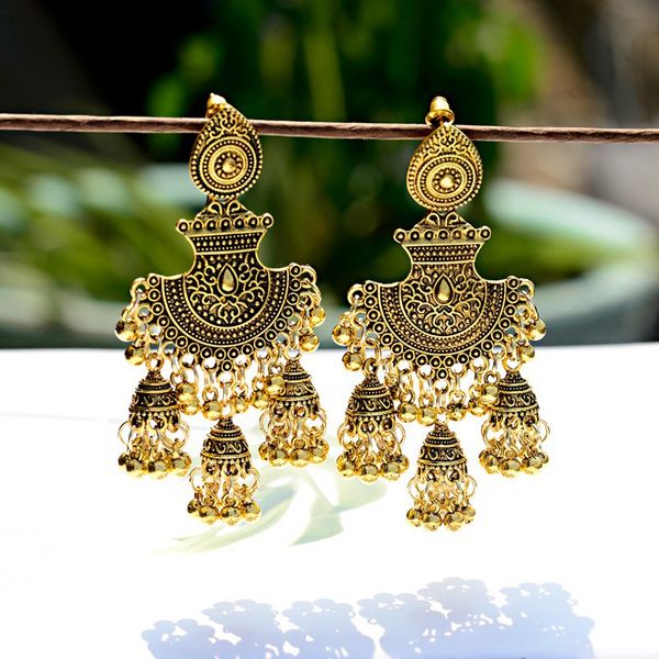 

anqi women bohemia vintage earrings 2019 ethnic gold metal big bells gypsy tassel drop earring female jhumka jewelry, Silver