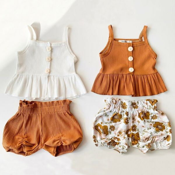 

2020 summer kids baby girls sleeveless casual clothes set solid knitted dress+shorts pants 2pcs children cute outfits suit, White