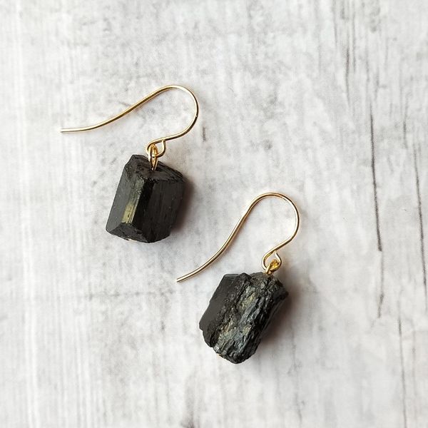 

liiji natural stone black tourmalines irregular beads crystal healing power earrings 925 sterling silver hook earrings for women