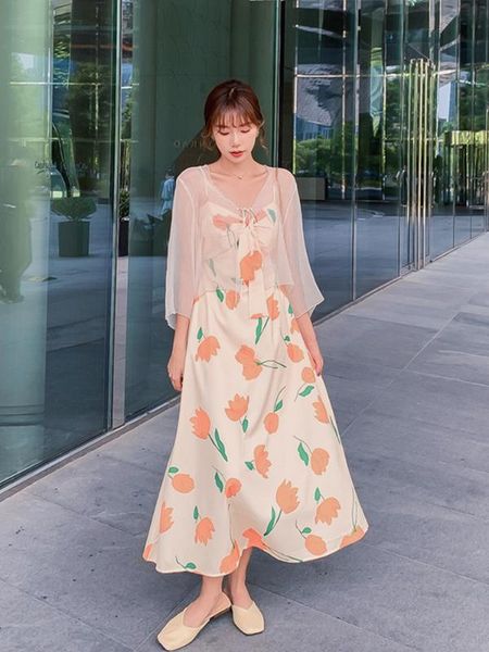 

casual dresses women tulip floral chiffon slip dress summer 2021 runway korean party night boho tropical beach vacation sundress, Black;gray