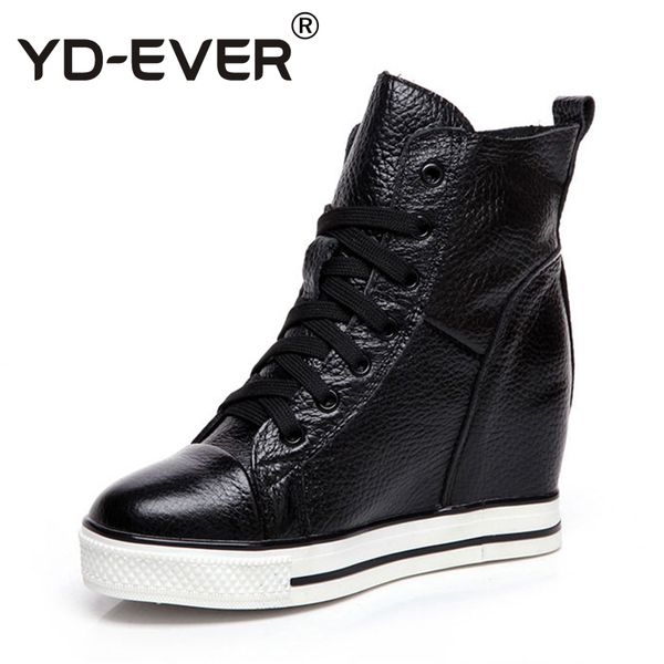 

yd-ever genuine leather women shoes super high heels height increasing wedges shoes lace up pumps platform woman sneakers, Black