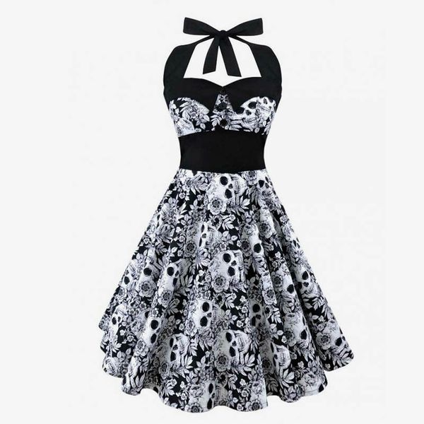 

women sleeveless backless a-line midi dress halter empire pleated button bow tie skulls print tunic spliced club dresses female, Black;pink