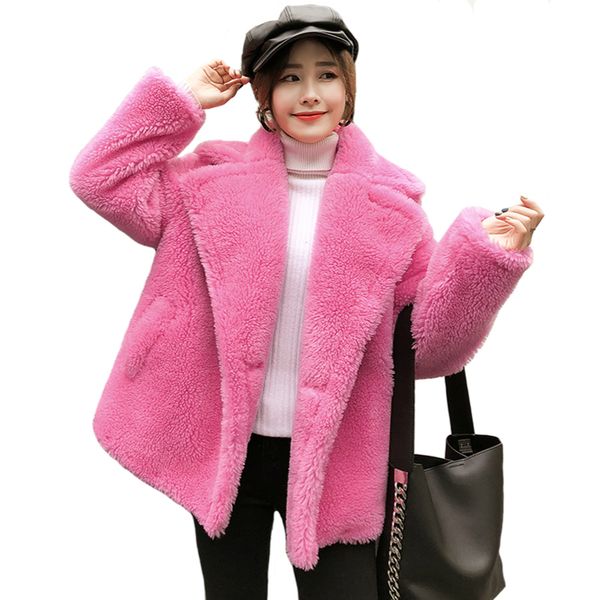 

faux fur coat women 2019 autumn winter elegant cashmere drop shoulder oversize short teddy coat plush warm overcoat female, Black