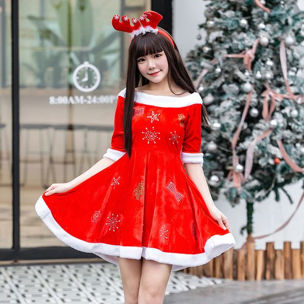 

christmas costume slim fit off shoulder red velvet dress women santa claus dress cosplay outfit xmas, Silver