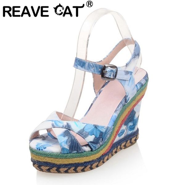

reave cat 2020 spring summer heeled sandals peep toe 11.5cm wedges one-button buckle platforms printing big size 32-43 a2861, Black