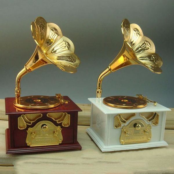 

gramophone shaped classic vintage music box hand crank type music box movement diy romantic christmas present drop shipping-wood other home