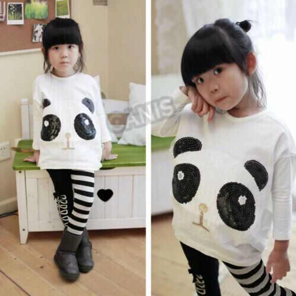 

new kids girls 2pcs outfits panda long sleeve +striped pants clothing sets, White