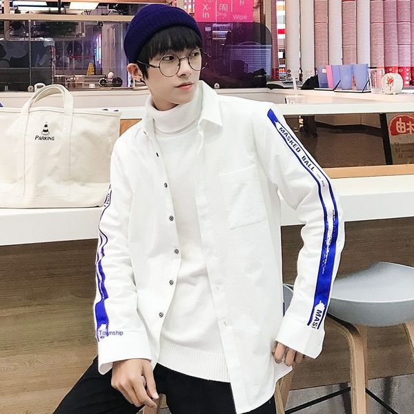 

мужской дизайнерский сезон с длинным рукавом tide brand trend студенческая лента свободная рубашка снаружи, White;black