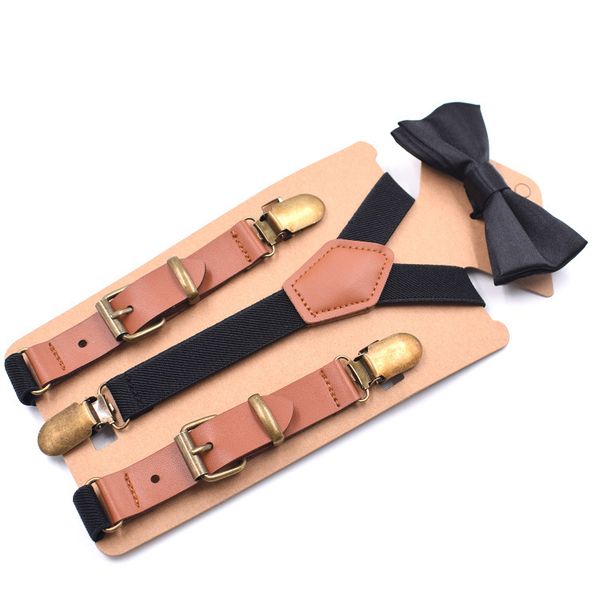 

new children's 3 clip fashion y-shaped strap clip casual suspenders with 2.0 leather bow tie suit fashion personality, Black;white
