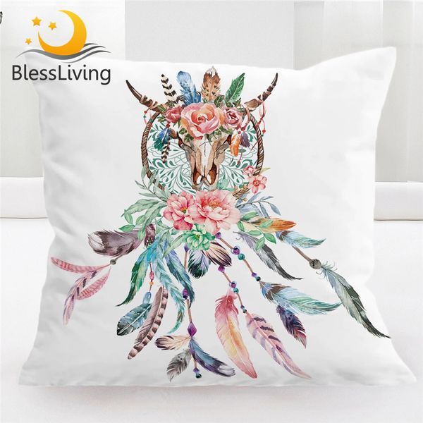 

blessliving cow skull pillow cover buffalo dreamcatcher throw pillowcase boho ethnic square decorative pillow case cushion cover