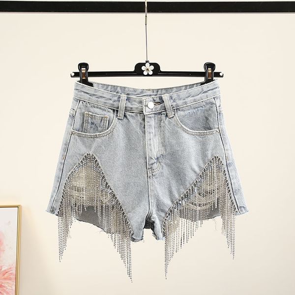 

2020 new spring summer diamond tassels beads with holes denim shorts women high-waist loose-fit a-line shorts jeans short pants, Blue