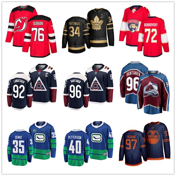 

76 subban 72 bobrovsky 40 elias pettersson 35 demko 92 landeskog 96 mikko rantanen 34 matthews 97 mcdavid hockey jerseys stitched logos, Black;red